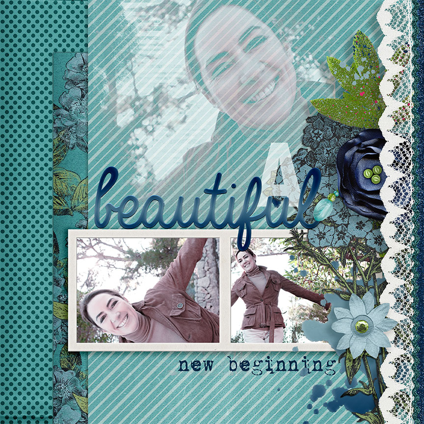 "A Beautiful New Beginning" digital scrapbooking feminine blue layout idea by AFT designs using "Olivia Collection" #scrapbook #memories #layoutidea #photoshop #PSE #digiscrap