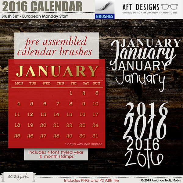 2016 #photoshop digital scrapbooking calendar brushes (Monday Start) by Amanda Fraijo-Tobin | ScrapGirls.com