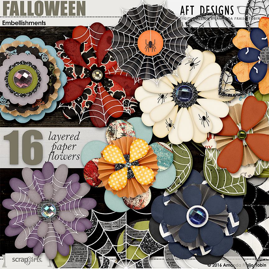 Falloween Paper Flower Embellishments - Halloween inspired layered paper flowers by Amanda Fraijo-Tobin | AFTdesigns @ ScrapGirls.com