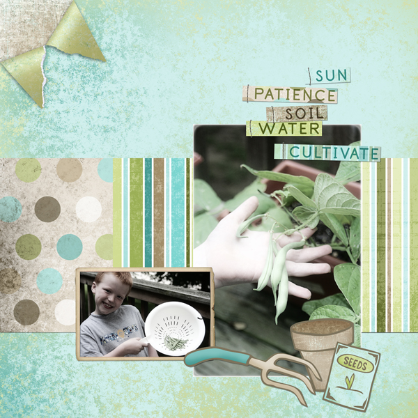 Layout by Cherise Oleson, featuring Garden Plot Collection Mini, Aged Photo Frame Embellishment Mini, SS Embellishment Templates: Fancy Folds 2, SS Tools - Styles: Inked Edges 4101, and SS Tools - Actions: Photo Basics 5001