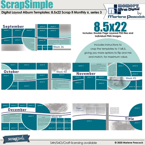 ScrapSimple Digital Layout Album Templates: 8.5x22 Scrap It Monthly 6 Series 3