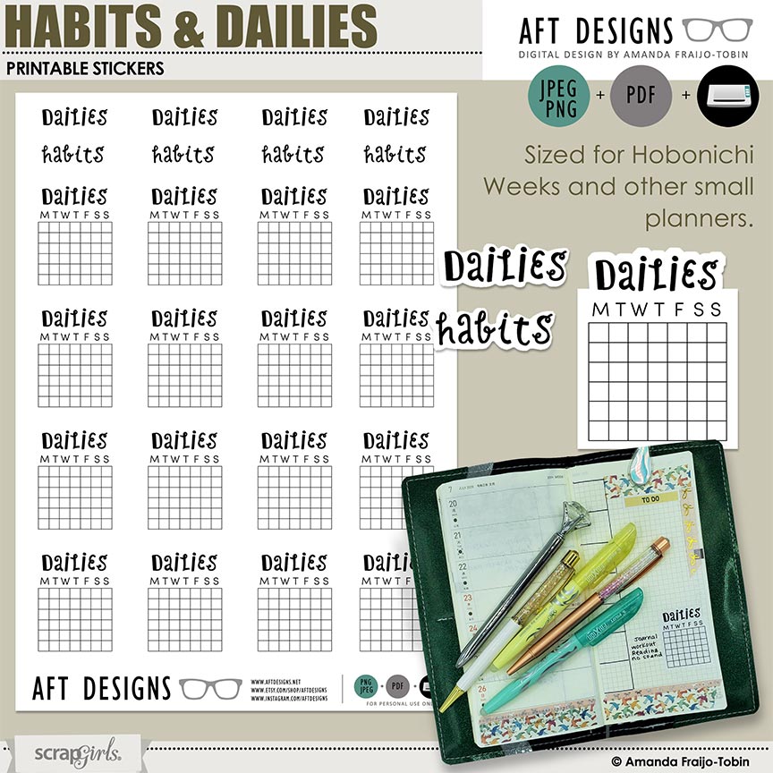Stickers: Habits & Dailies #printable Hobonichi Weeks by AFT Designs - Amanda Fraijo-Tobin @ScrapGirls.com