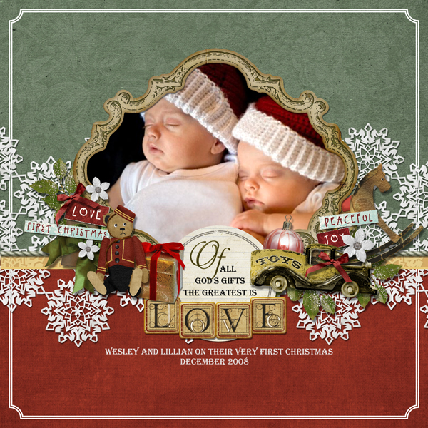First Christmas layout by Brandy Murry. See below for links to all products used in this digital scrapbooking layout.