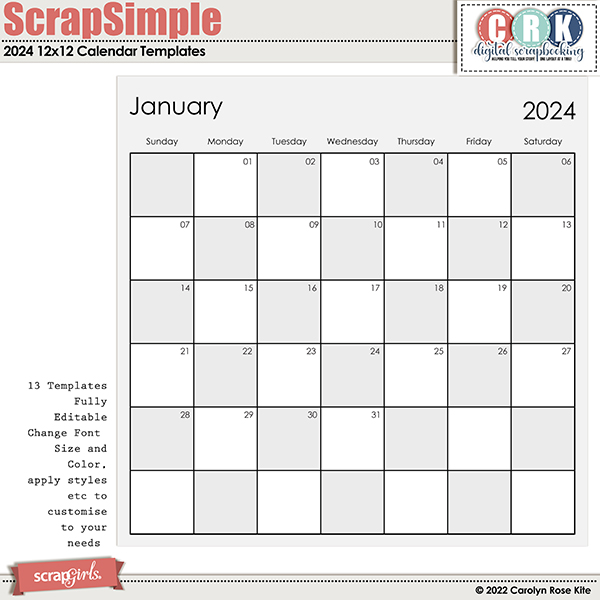 SS 2024 12x12 Calendar Templates by CRK