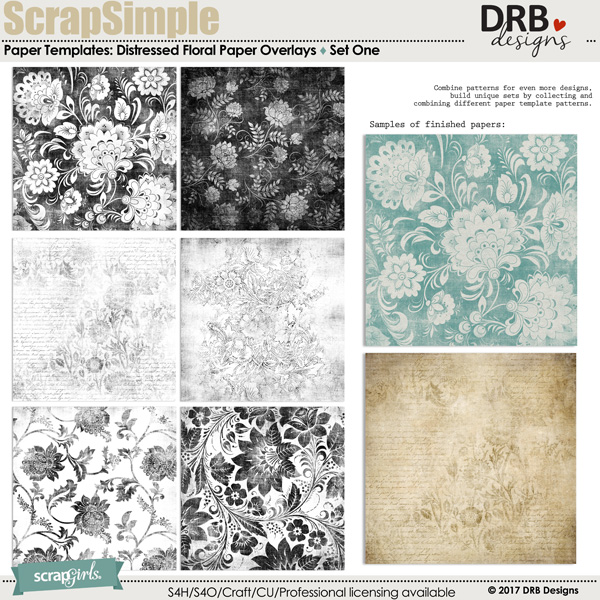 ScrapSimple Paper Templates: Distressed Floral Overlays by DRB Designs | ScrapGirls.com