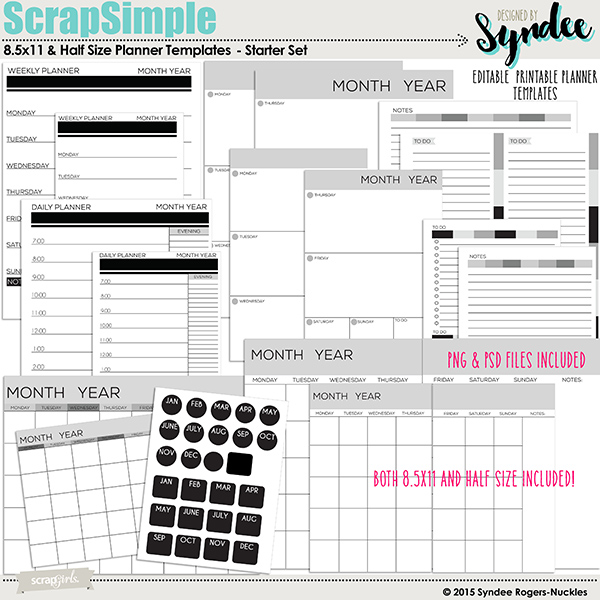 Digital scrapbooking kit ScrapSimple Calendar Templates: 8.5x11