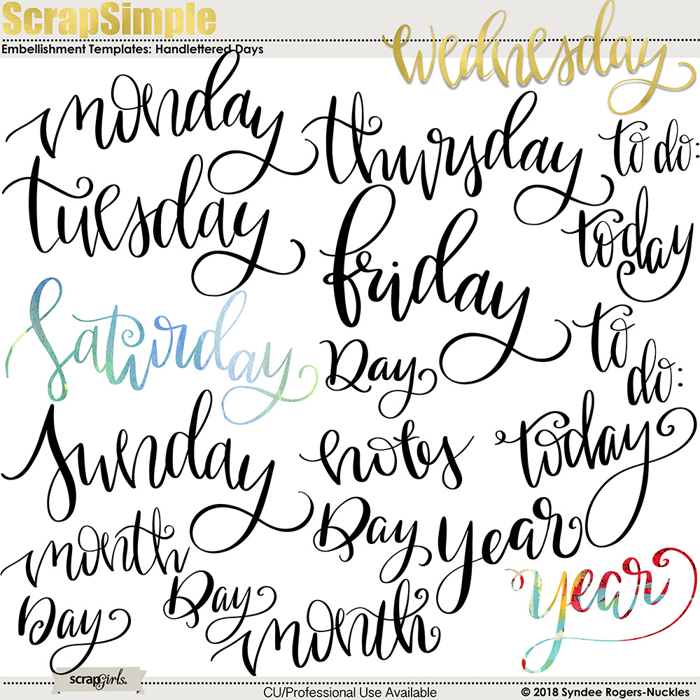Hand-Lettered Days Planner Words Clip Art Templates